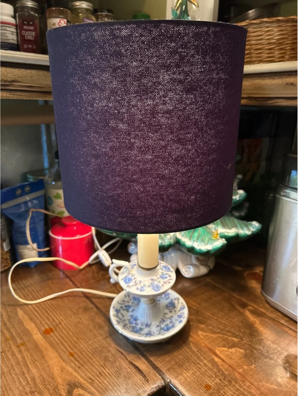 Vintage Ceramic Floral Table Lamp with Purple Shade